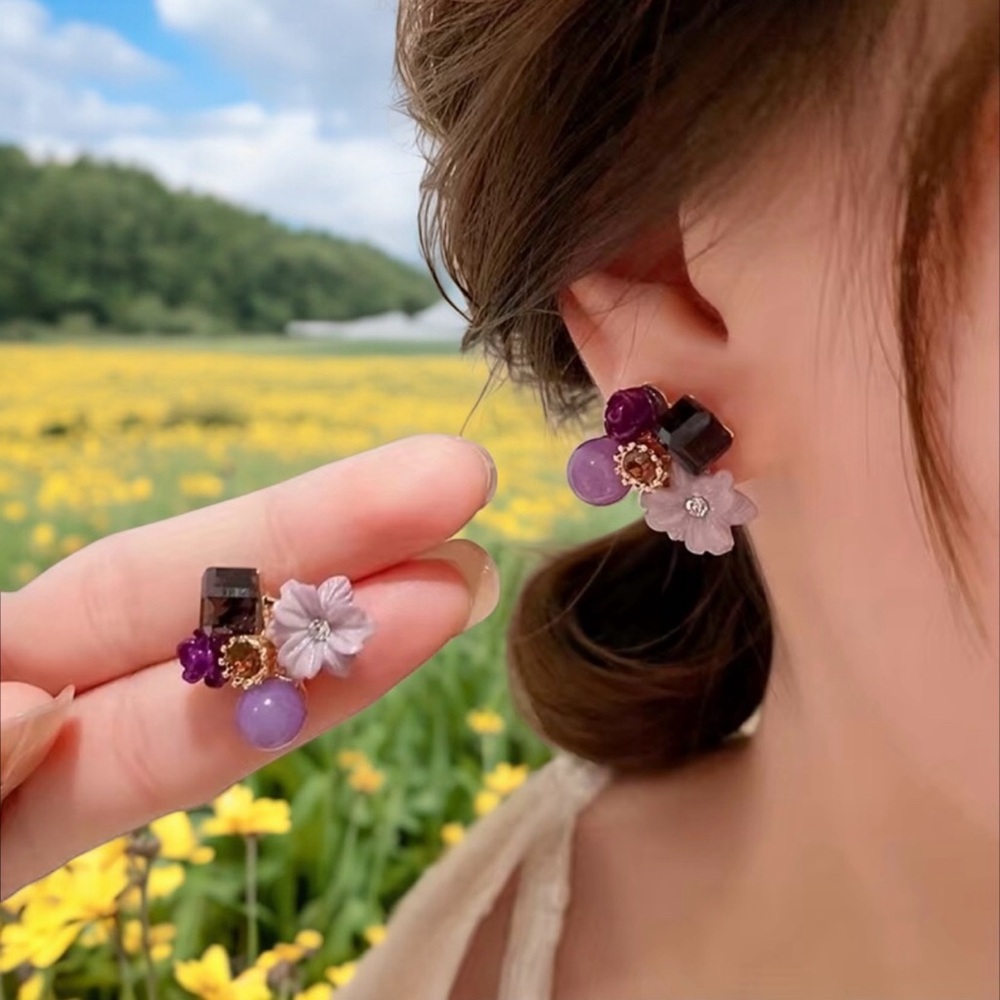 Purple Shiny Flower Shape Stud Earrings Inlaid Shiny Zircon Faux Fashion Jewelry